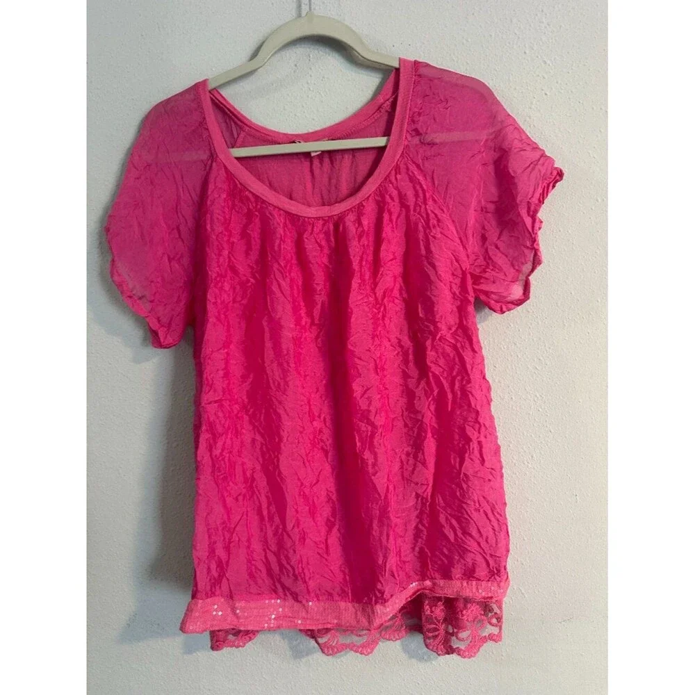 M For Bolide Italian Silk Blouse Pink Made in Italy Women S Sheer Lace Hem Top - Picture 2 of 7